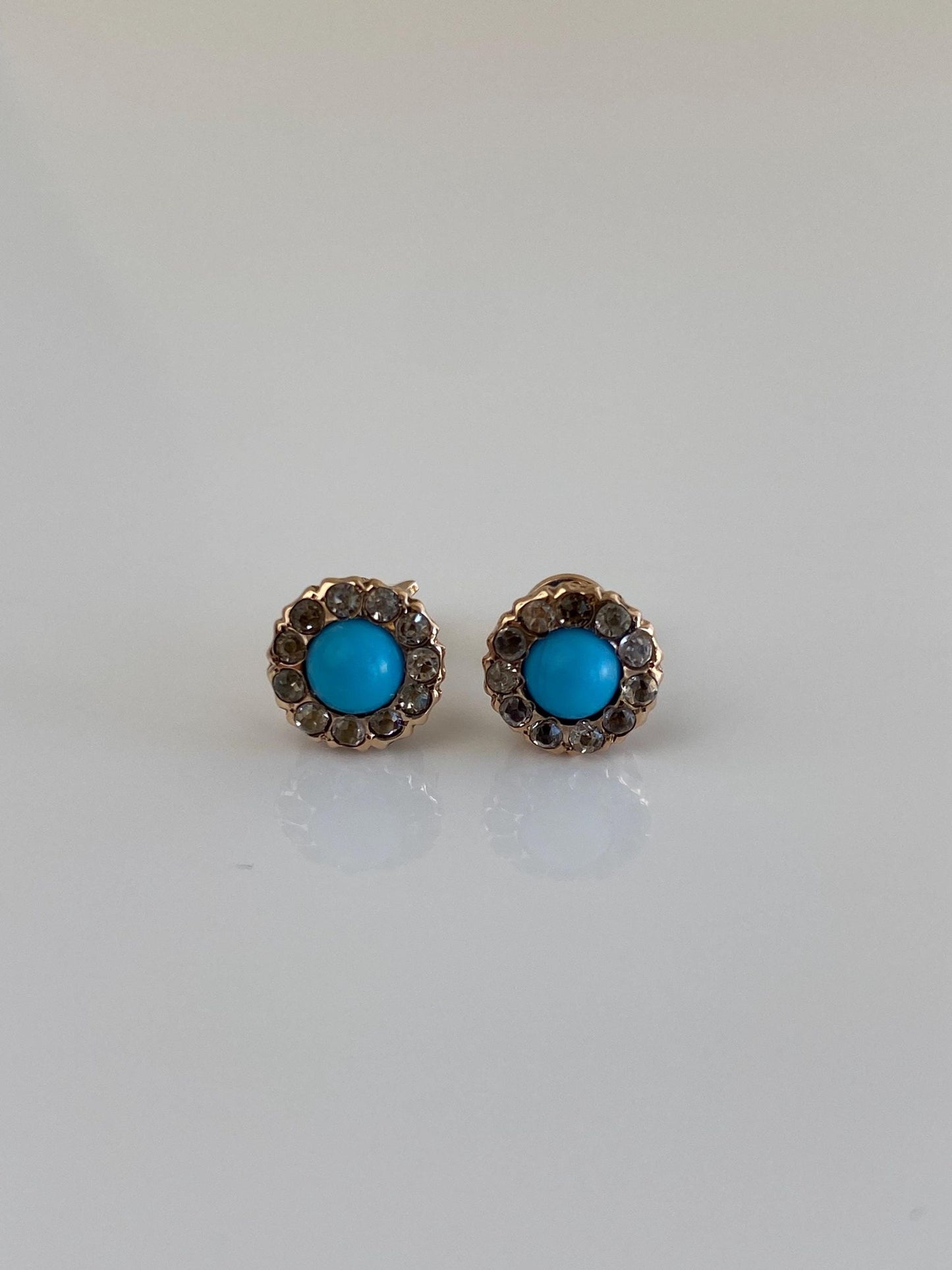 Vintage Solid 10k Rosey Gold Cubic Zirconia Halo Turquoise Stud Earrings