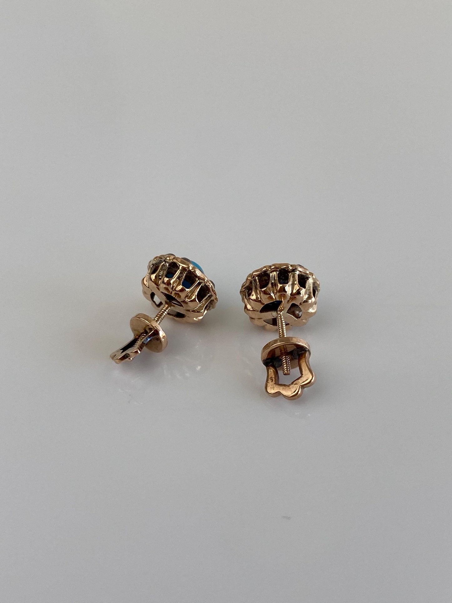 Vintage Solid 10k Rosey Gold Cubic Zirconia Halo Turquoise Stud Earrings