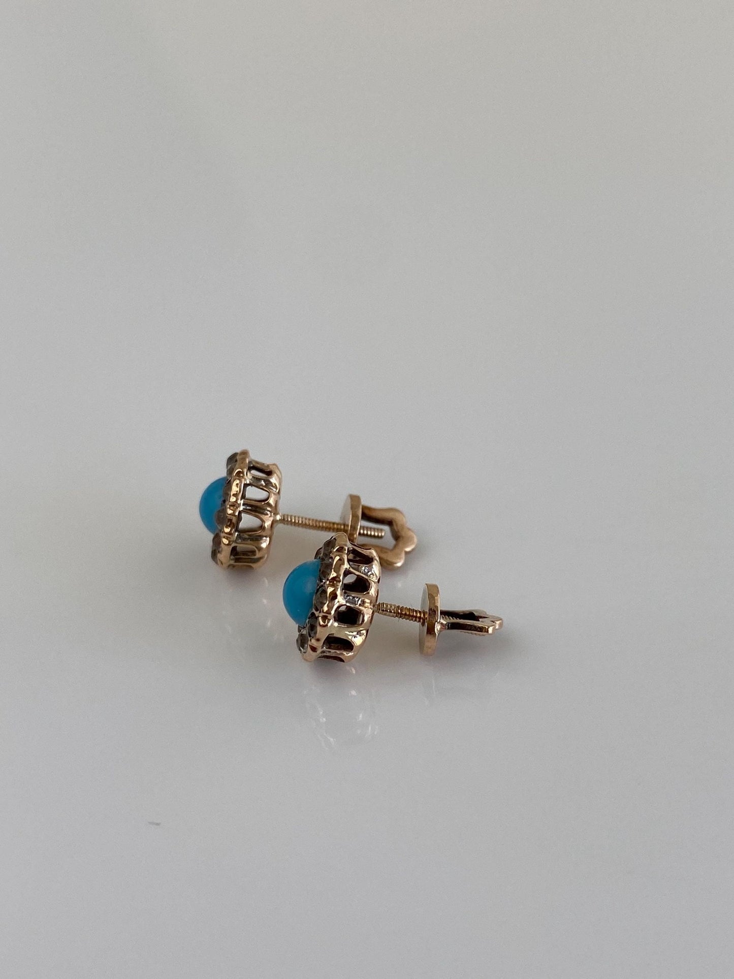 Vintage Solid 10k Rosey Gold Cubic Zirconia Halo Turquoise Stud Earrings