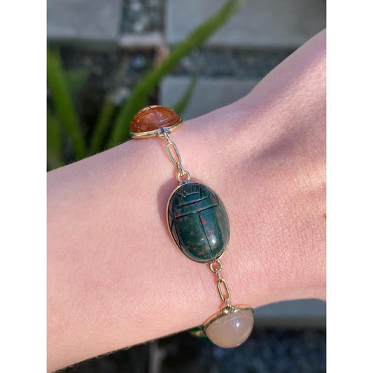 Vintage Solid 14k Yellow Gold Rose Quartz Bloodstone Carnelian Green Onyx Carved Scarab Link Bracelet - 8 inches