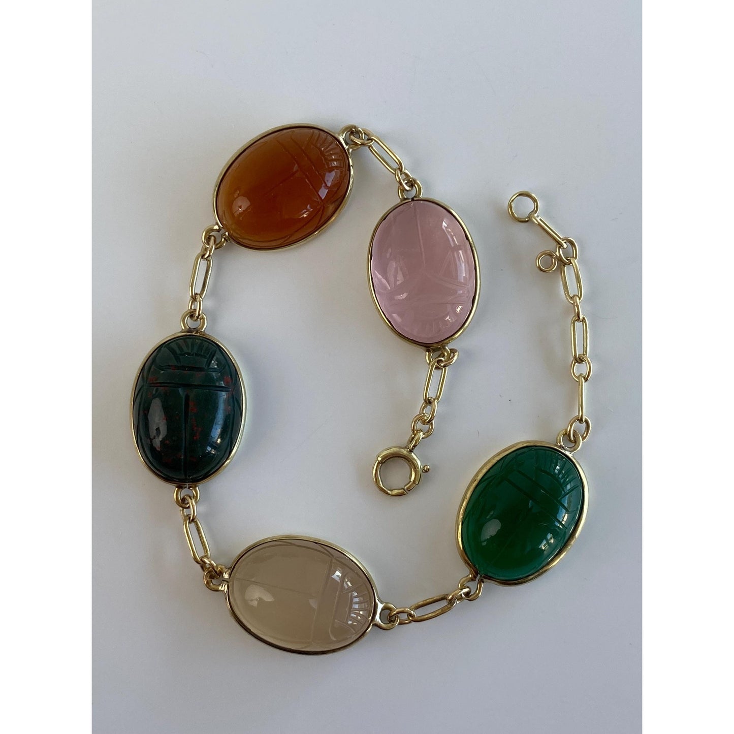 Vintage Solid 14k Yellow Gold Rose Quartz Bloodstone Carnelian Green Onyx Carved Scarab Link Bracelet - 8 inches