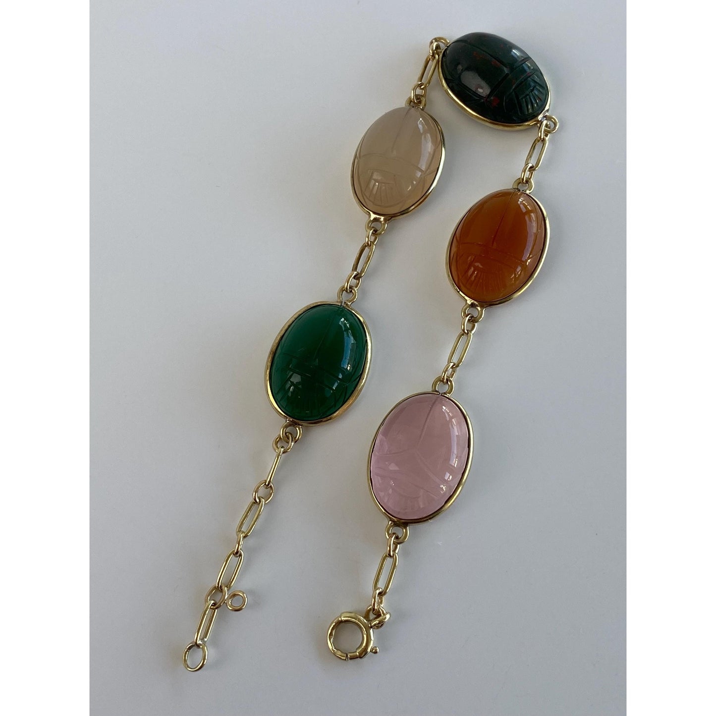 Vintage Solid 14k Yellow Gold Rose Quartz Bloodstone Carnelian Green Onyx Carved Scarab Link Bracelet - 8 inches