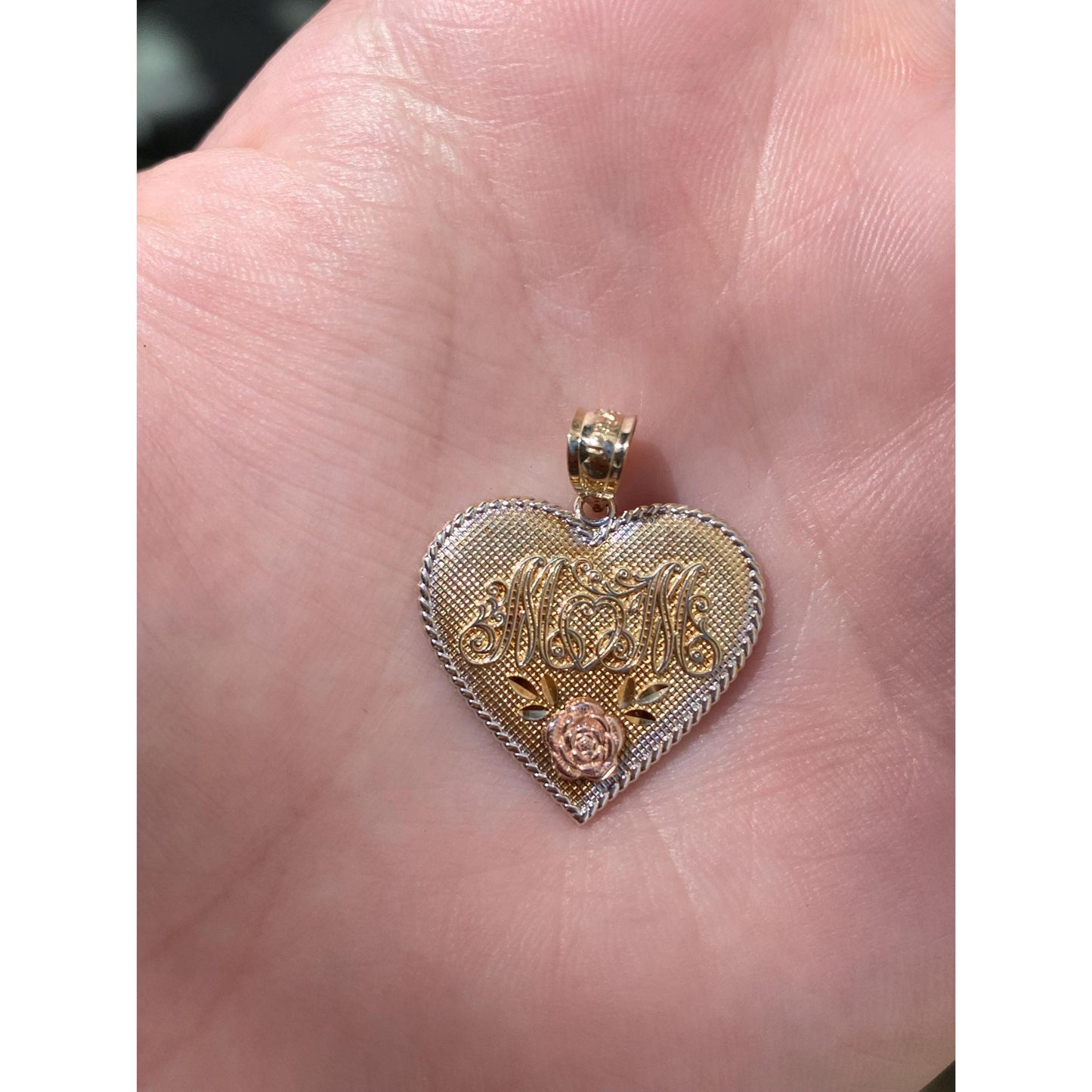 Vintage Solid 10k Tri Tone Gold Mom Rose Heart Charm