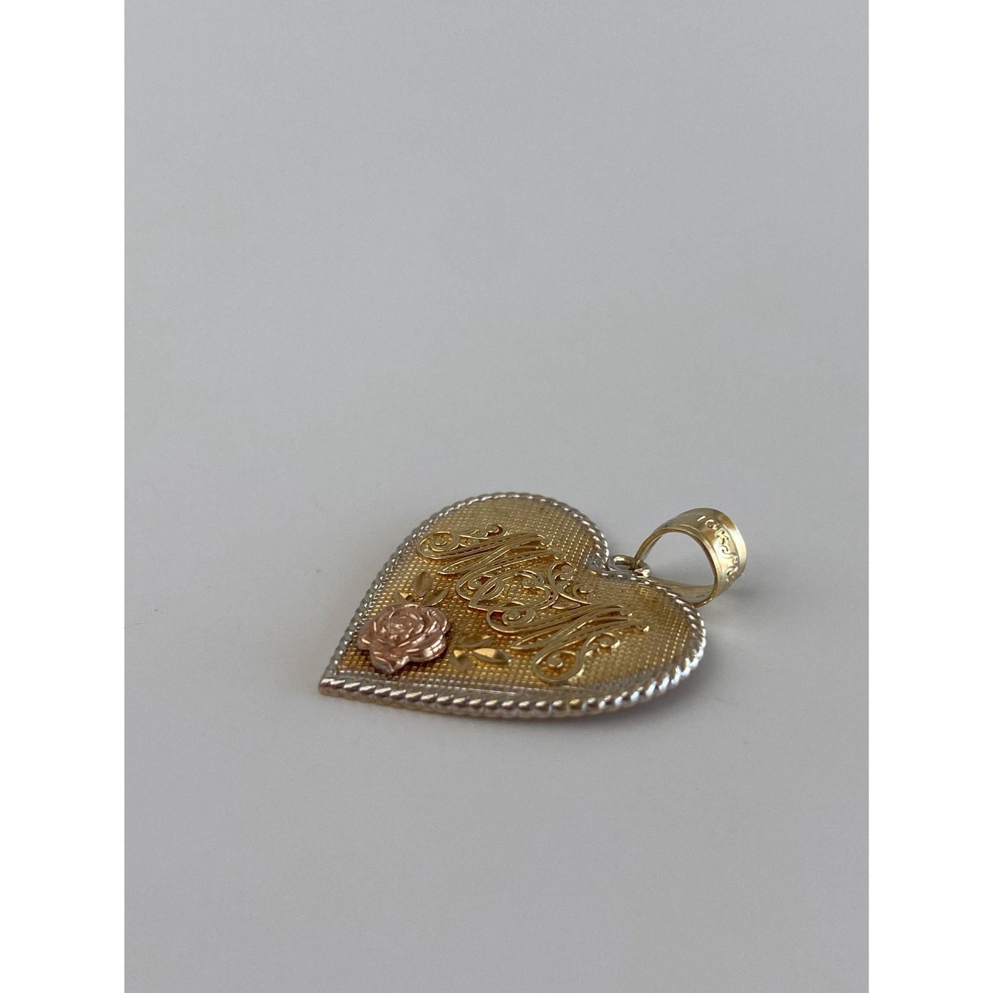 Vintage Solid 10k Tri Tone Gold Mom Rose Heart Charm