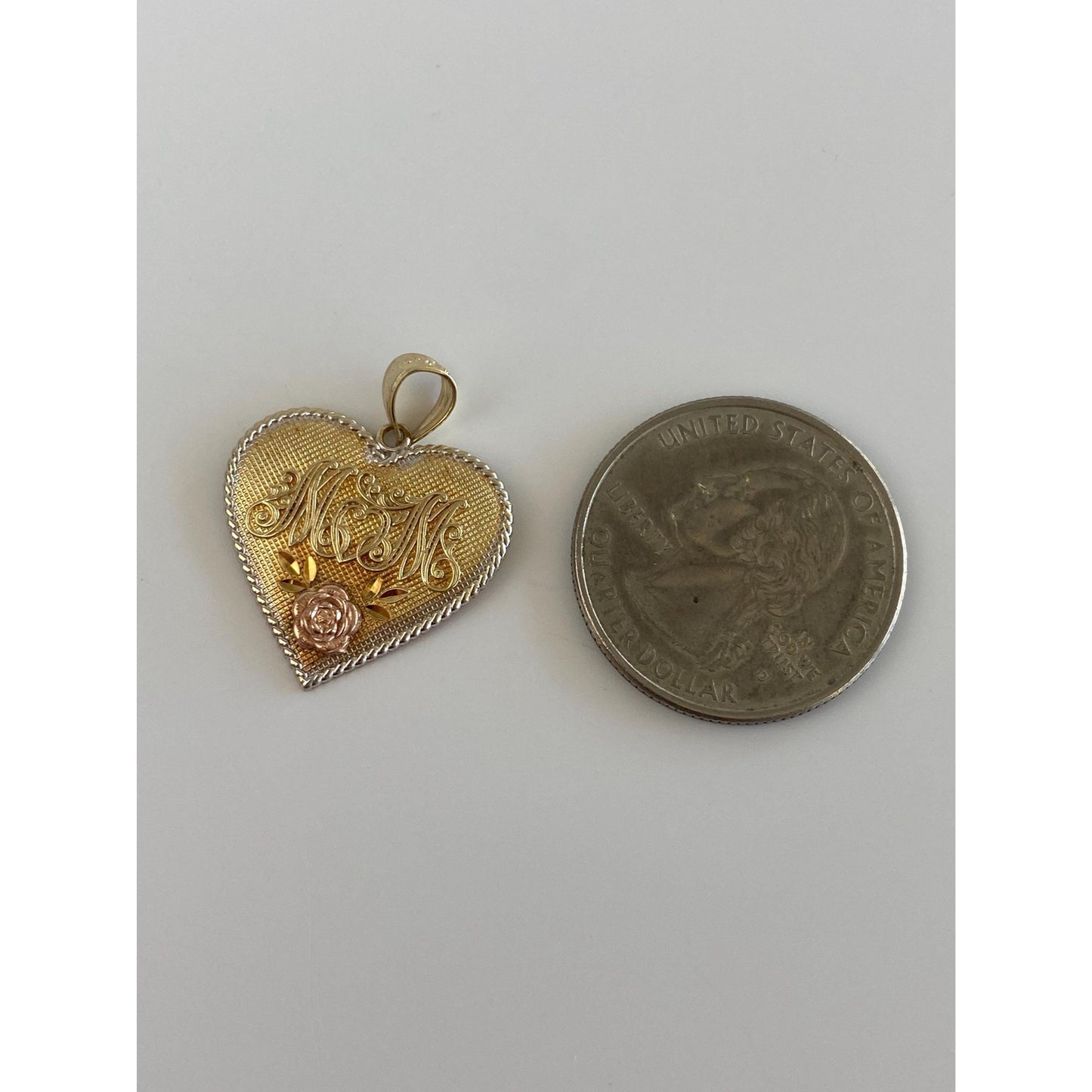Vintage Solid 10k Tri Tone Gold Mom Rose Heart Charm