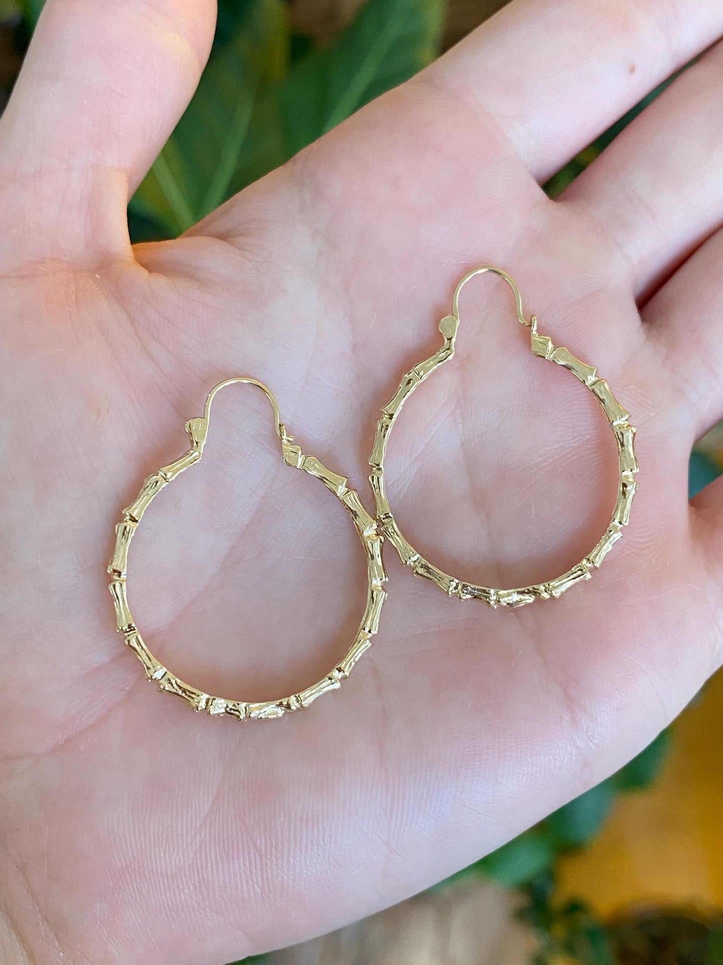 Vintage Solid 14k Yellow Gold Bamboo Hoop Earrings