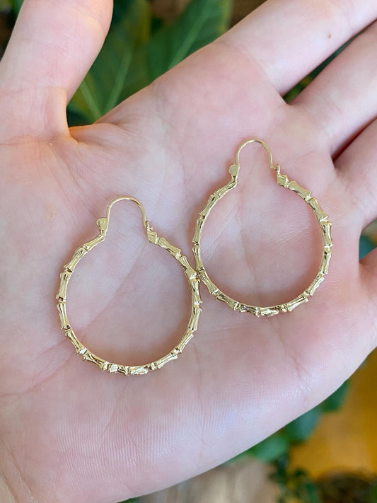 Vintage Solid 14k Yellow Gold Bamboo Hoop Earrings