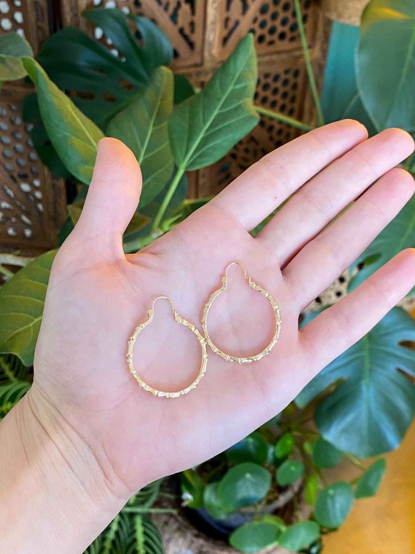 Vintage Solid 14k Yellow Gold Bamboo Hoop Earrings