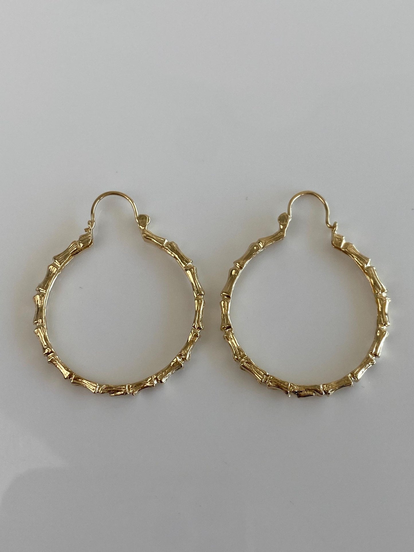Vintage Solid 14k Yellow Gold Bamboo Hoop Earrings