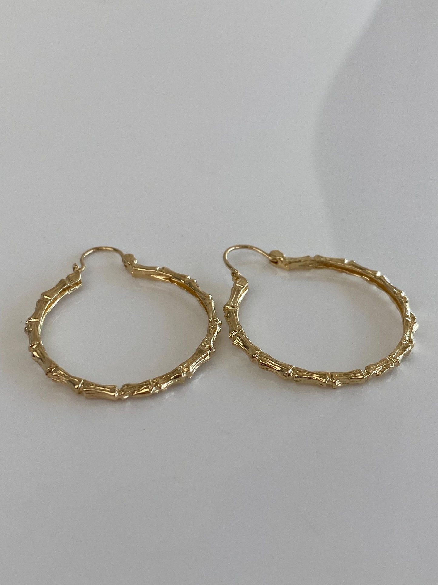 Vintage Solid 14k Yellow Gold Bamboo Hoop Earrings