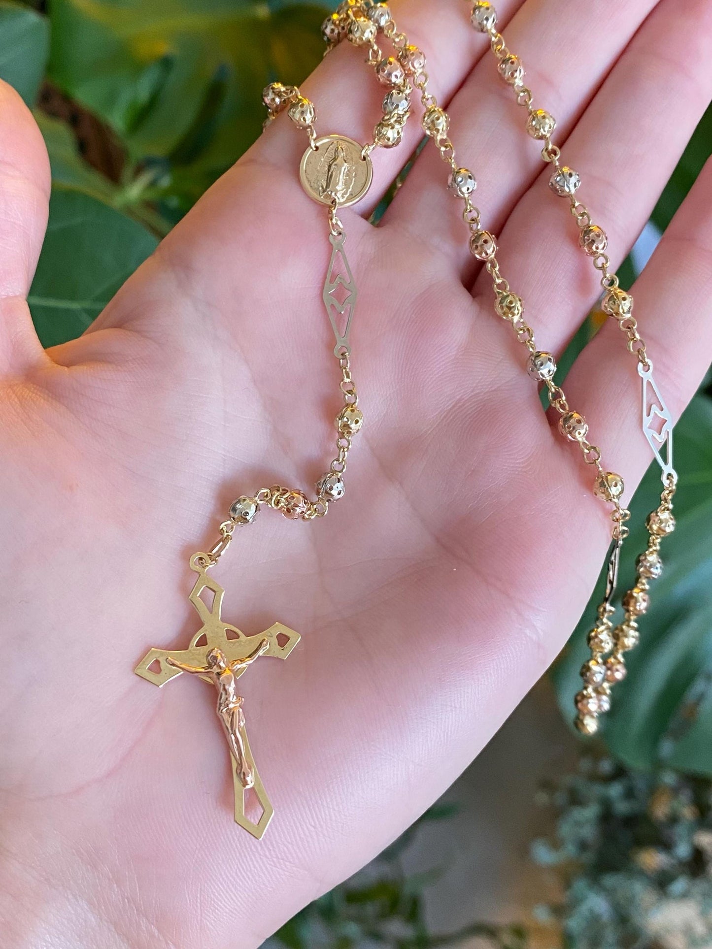 Vintage Solid 14k Tri Tone Gold Rosary Ball Link Chain Necklace - 22.5 inches