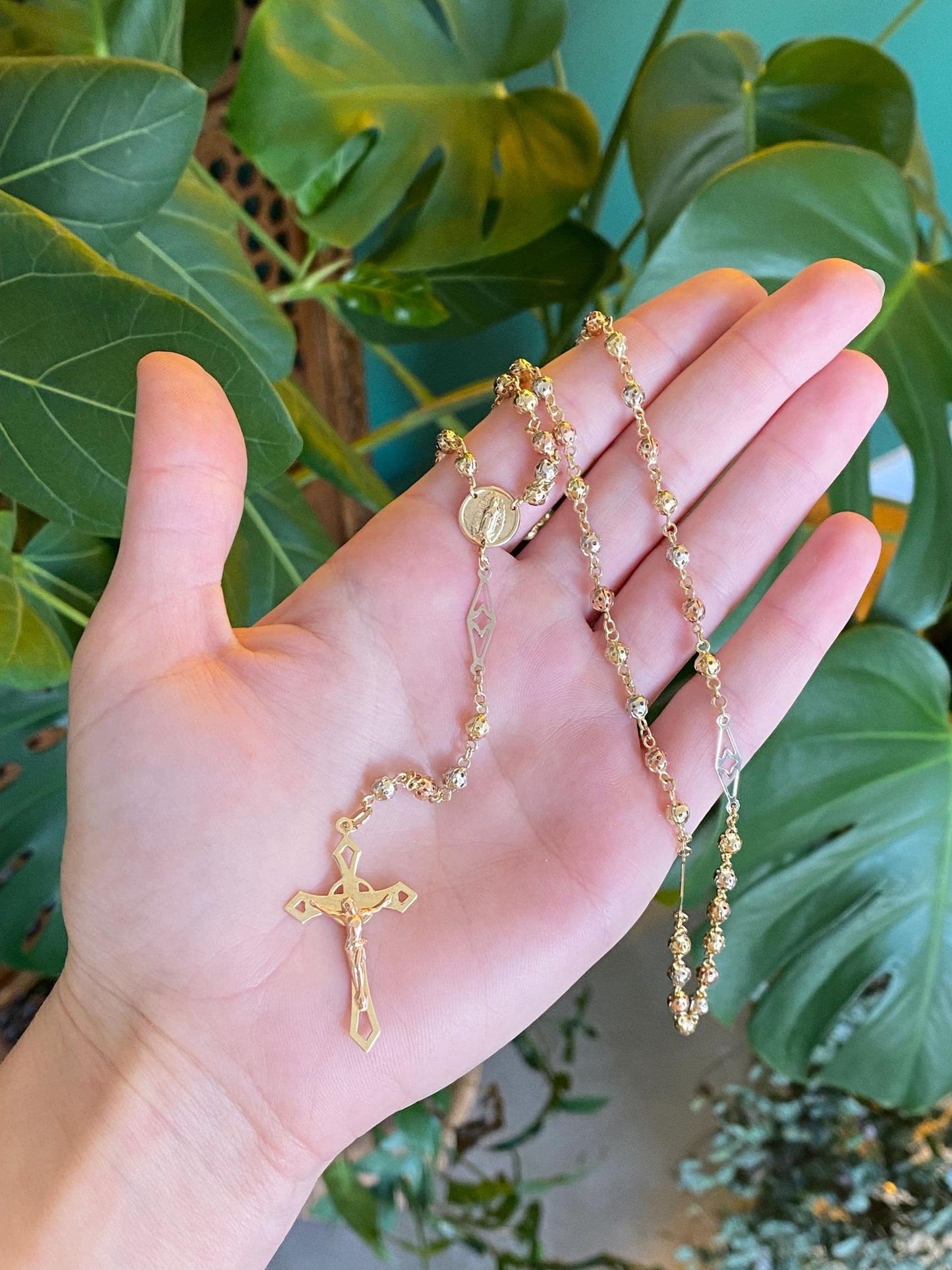 Vintage Solid 14k Tri Tone Gold Rosary Ball Link Chain Necklace - 22.5 inches