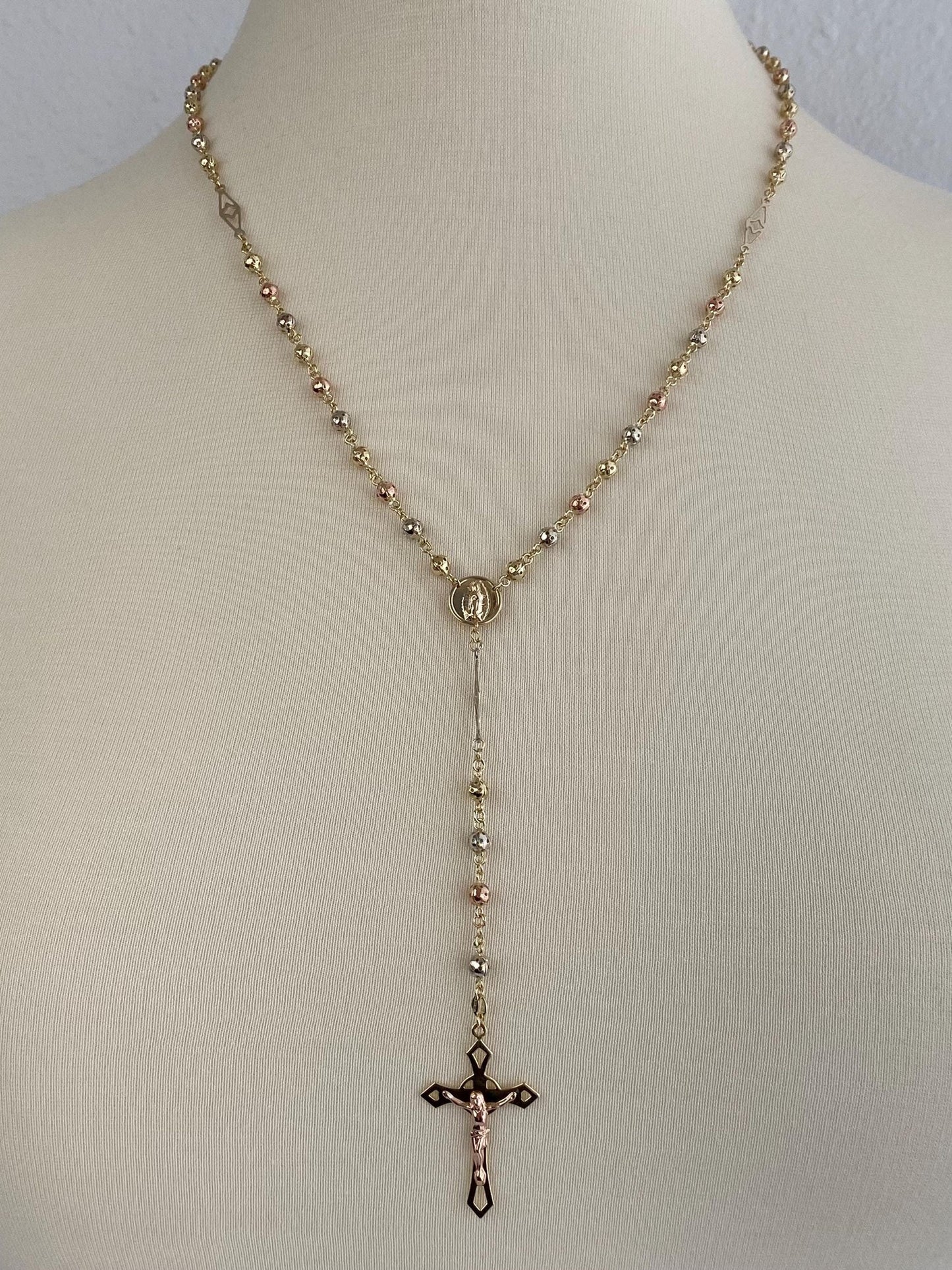 Vintage Solid 14k Tri Tone Gold Rosary Ball Link Chain Necklace - 22.5 inches