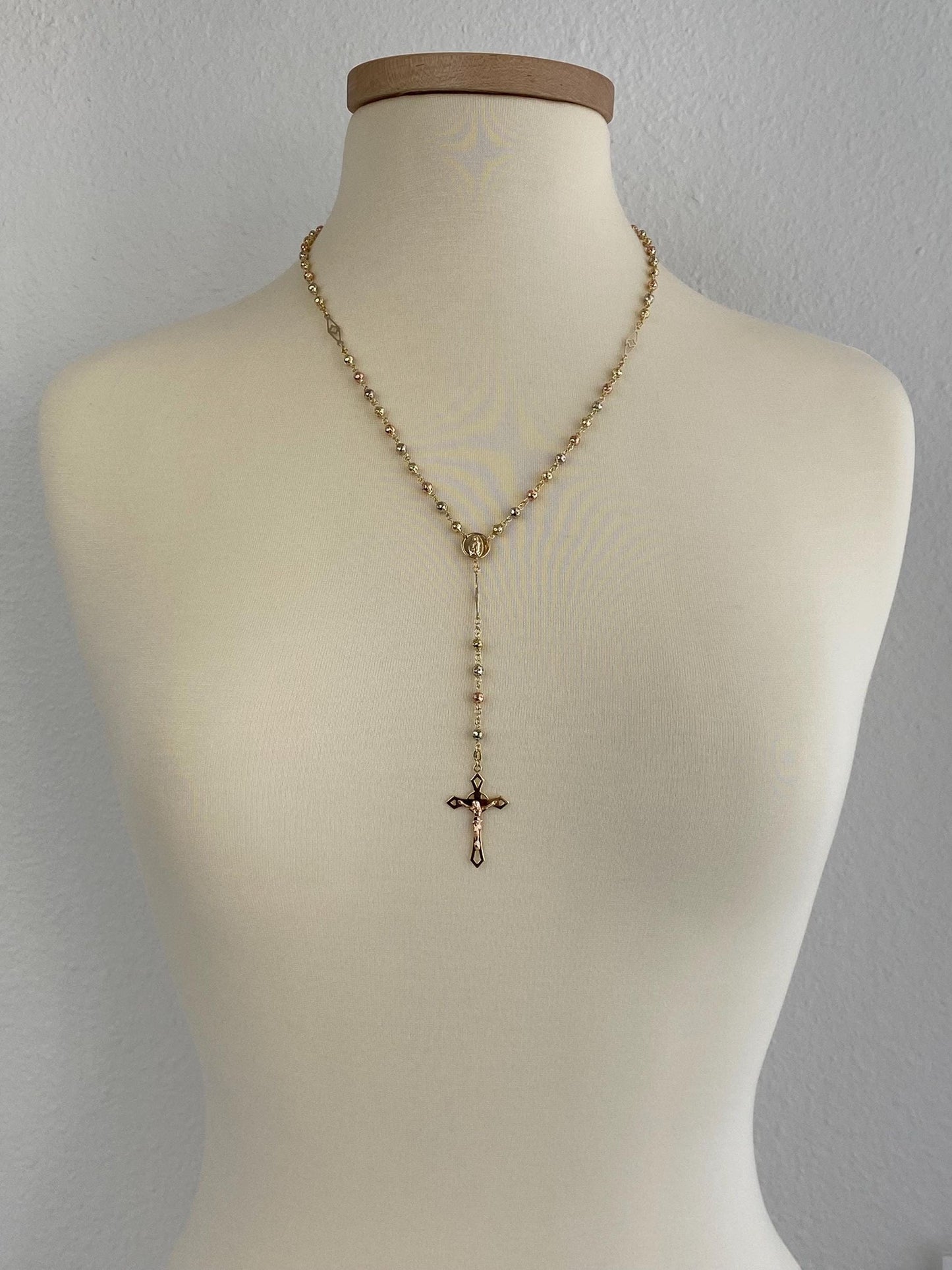 Vintage Solid 14k Tri Tone Gold Rosary Ball Link Chain Necklace - 22.5 inches