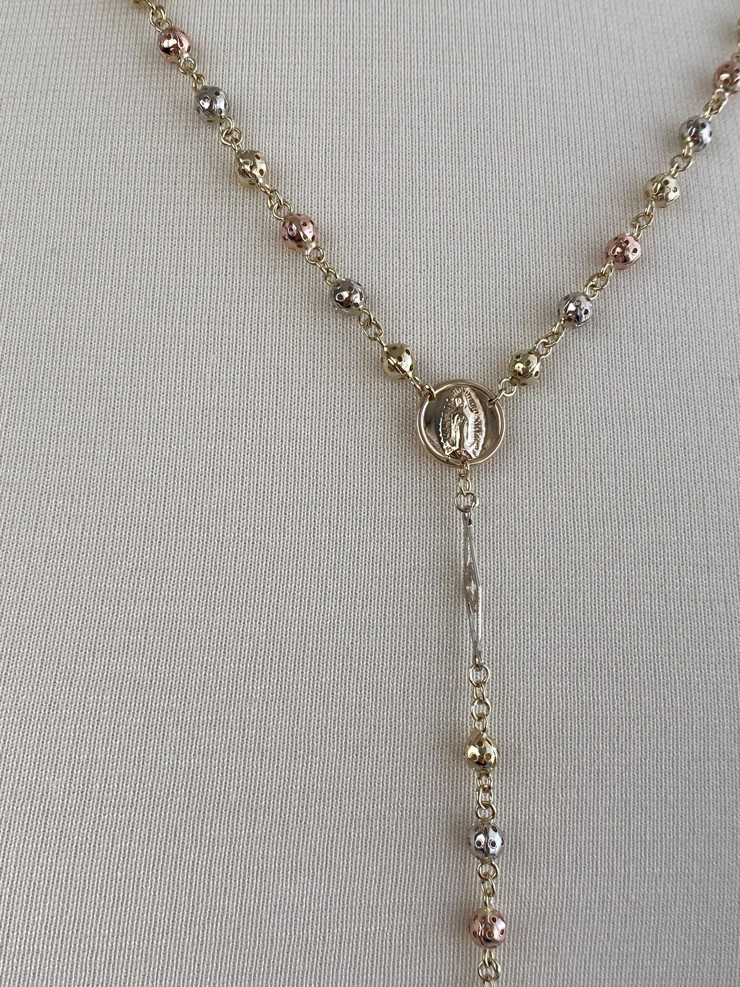 Vintage Solid 14k Tri Tone Gold Rosary Ball Link Chain Necklace - 22.5 inches