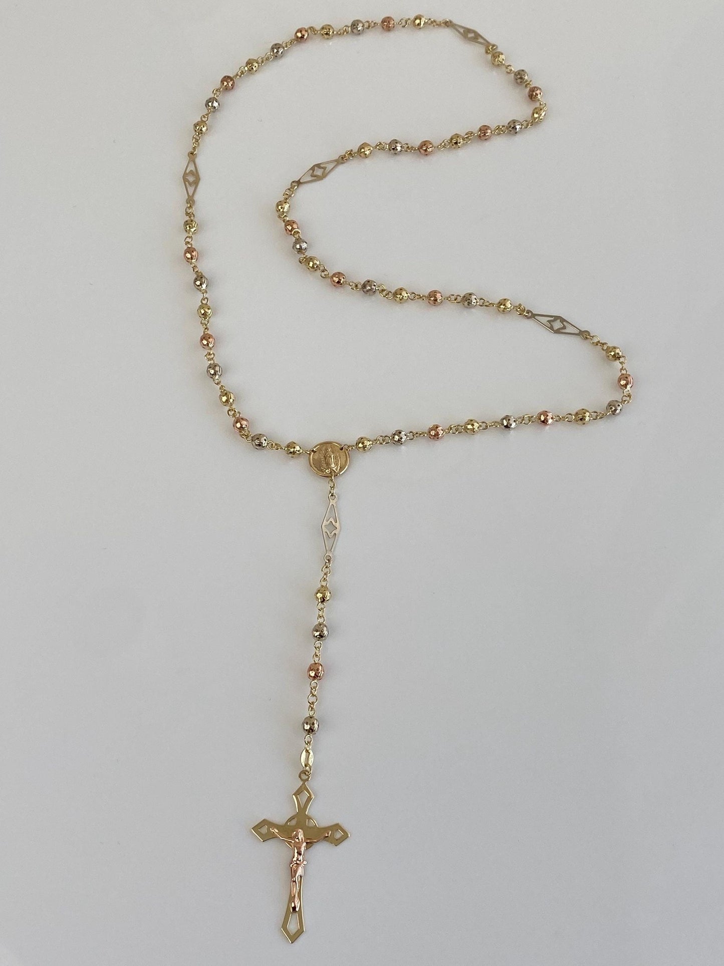 Vintage Solid 14k Tri Tone Gold Rosary Ball Link Chain Necklace - 22.5 inches