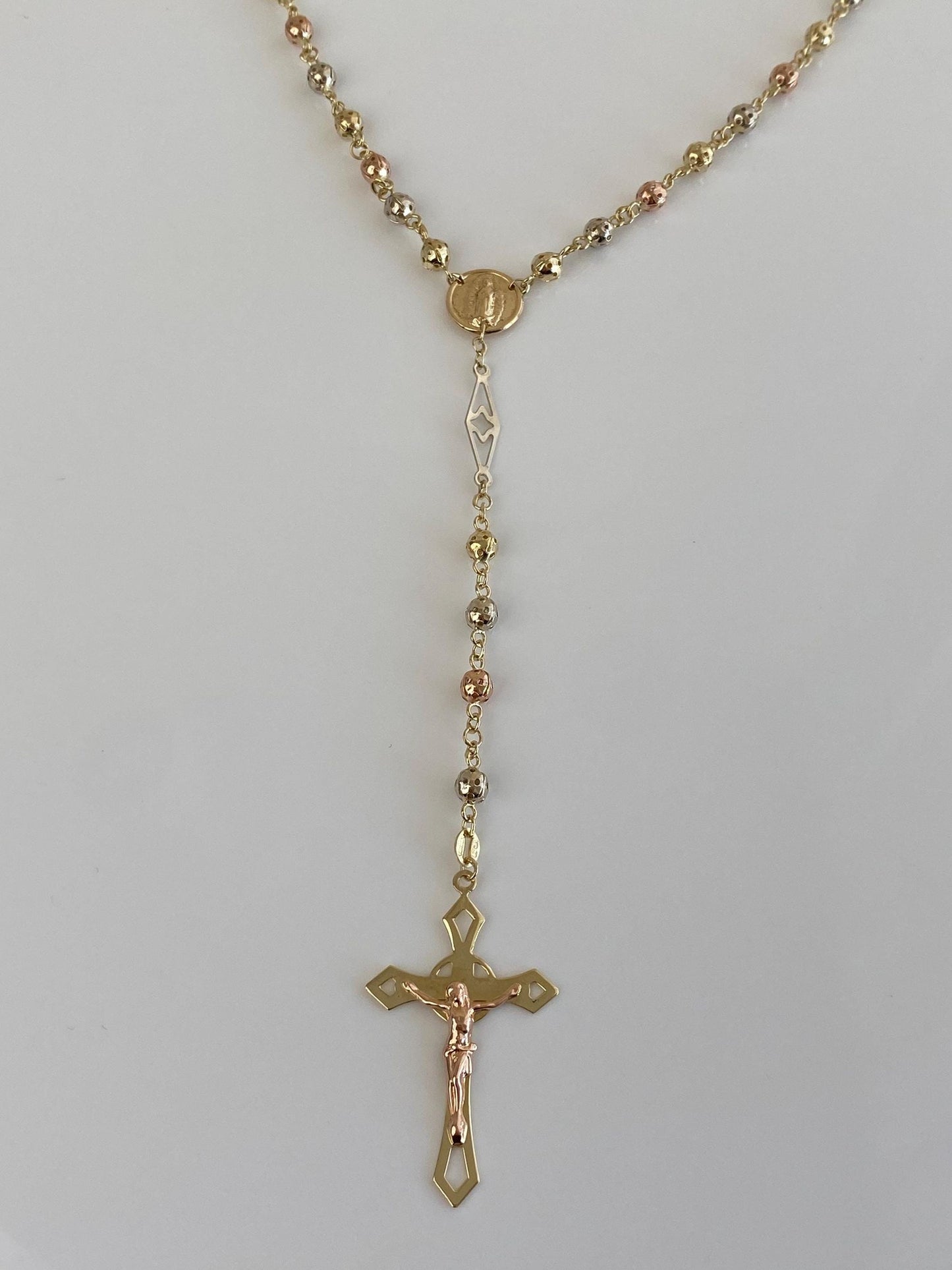 Vintage Solid 14k Tri Tone Gold Rosary Ball Link Chain Necklace - 22.5 inches