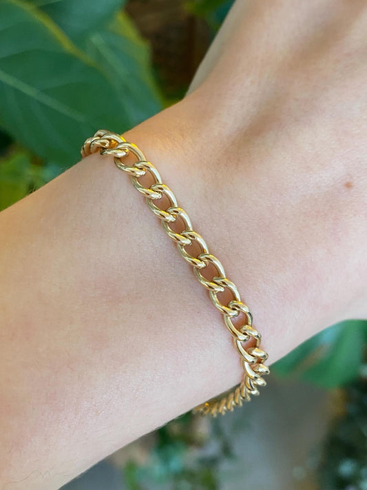 Vintage Solid 14k Yellow Gold Elongated Curb Chain Bracelet - 7 inches