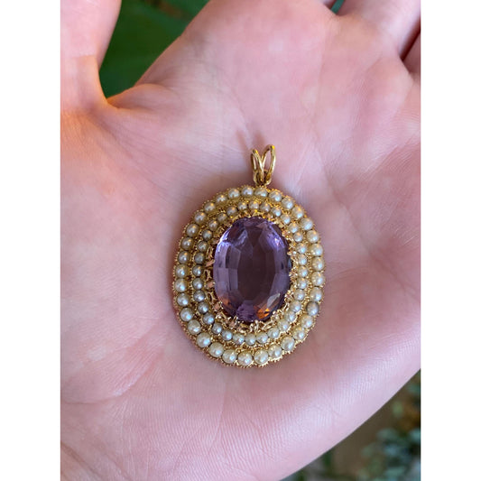 Vintage Solid 14k Yellow Gold Amethyst Pearl Halo Charm