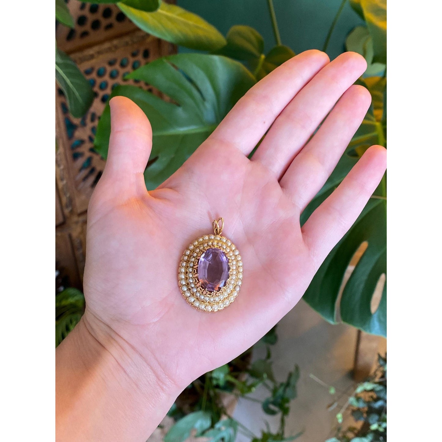 Vintage Solid 14k Yellow Gold Amethyst Pearl Halo Charm