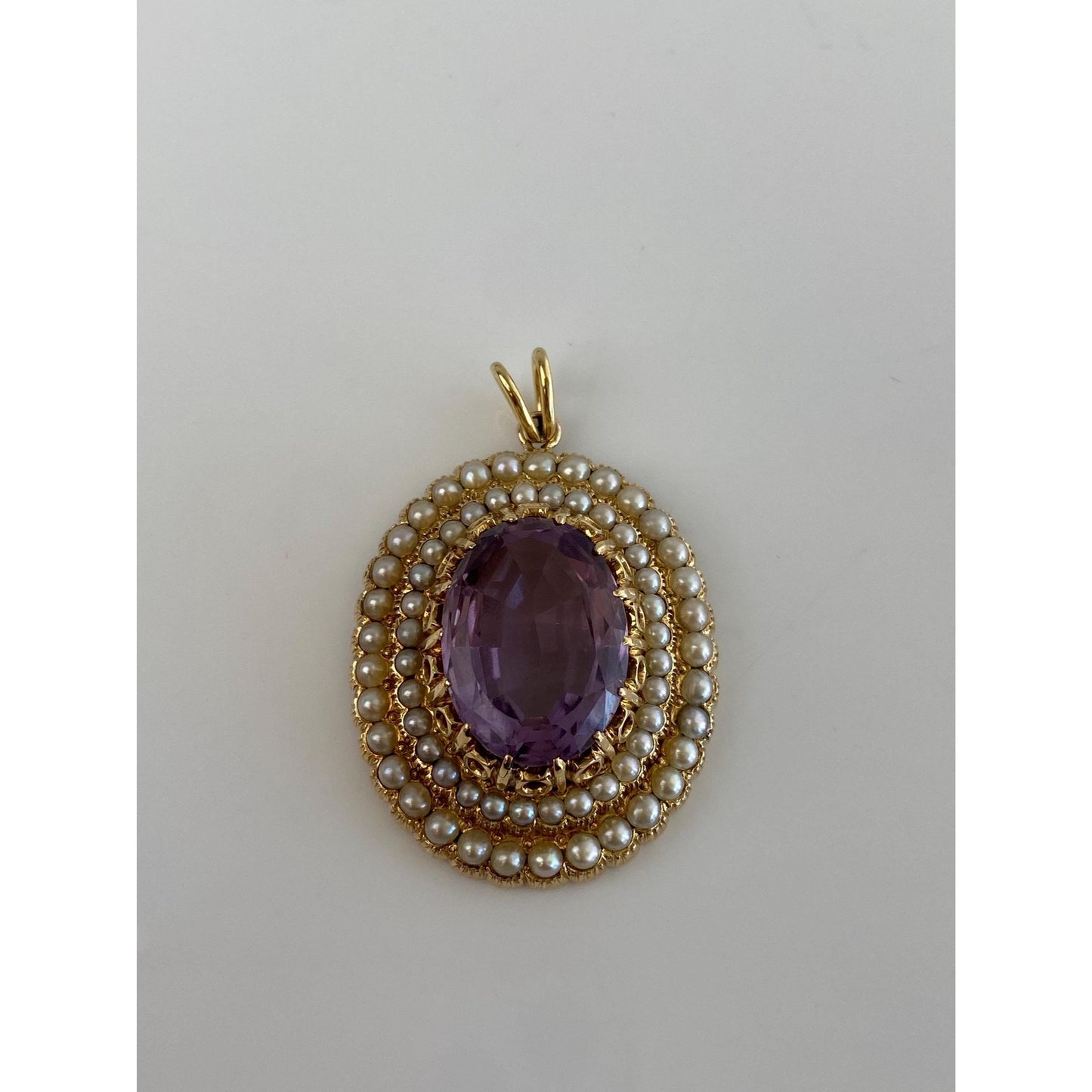 Vintage Solid 14k Yellow Gold Amethyst Pearl Halo Charm