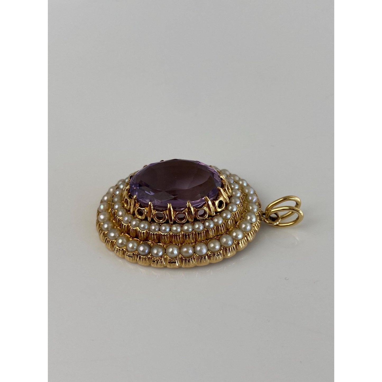 Vintage Solid 14k Yellow Gold Amethyst Pearl Halo Charm