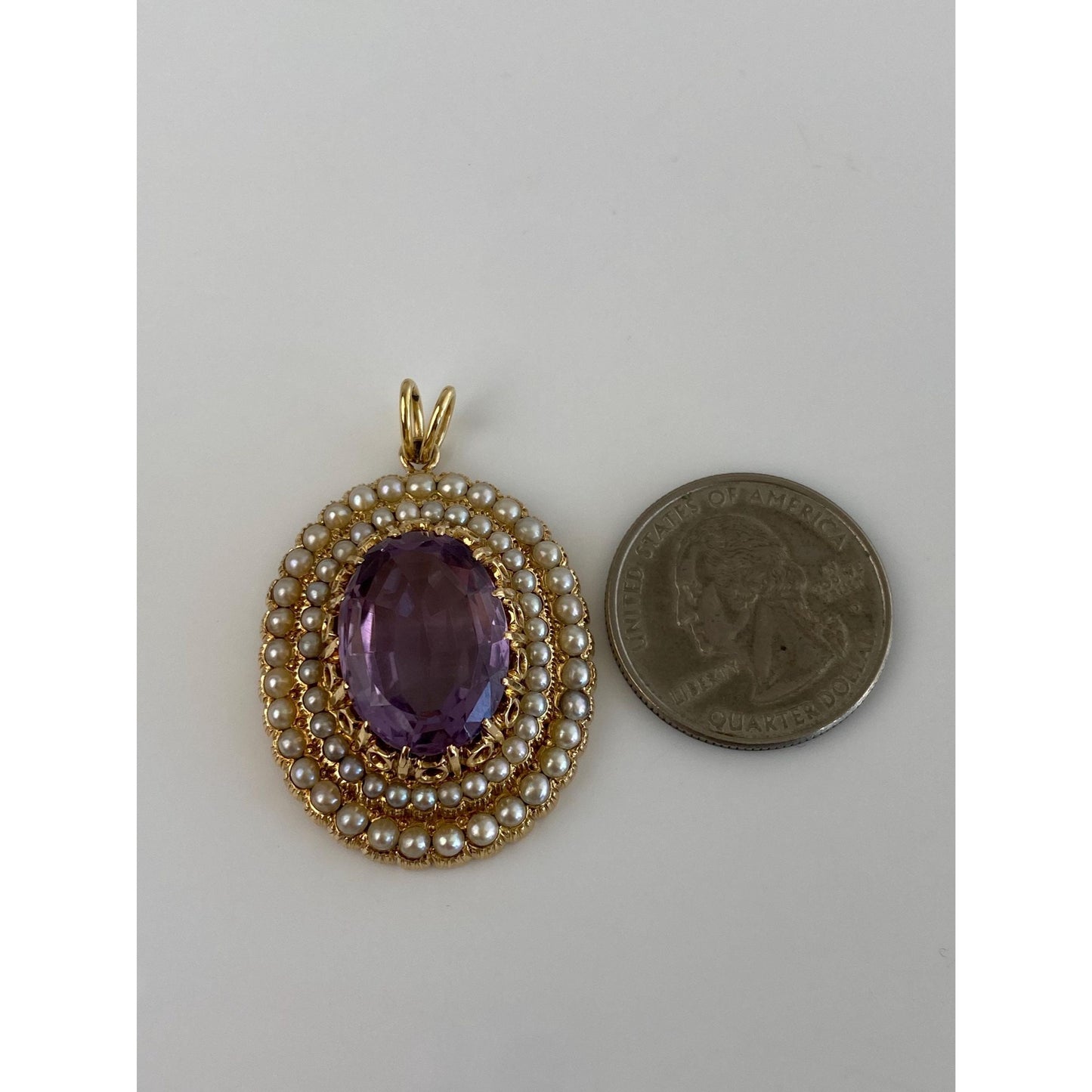Vintage Solid 14k Yellow Gold Amethyst Pearl Halo Charm