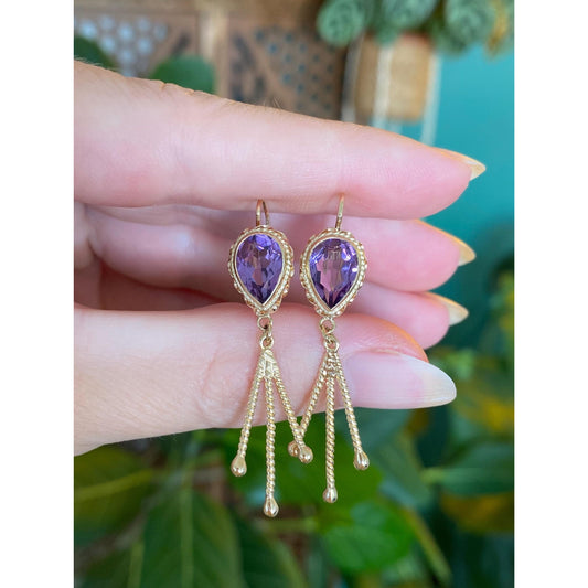 Vintage Solid 14k Yellow Gold Amethyst Dangle Earrings