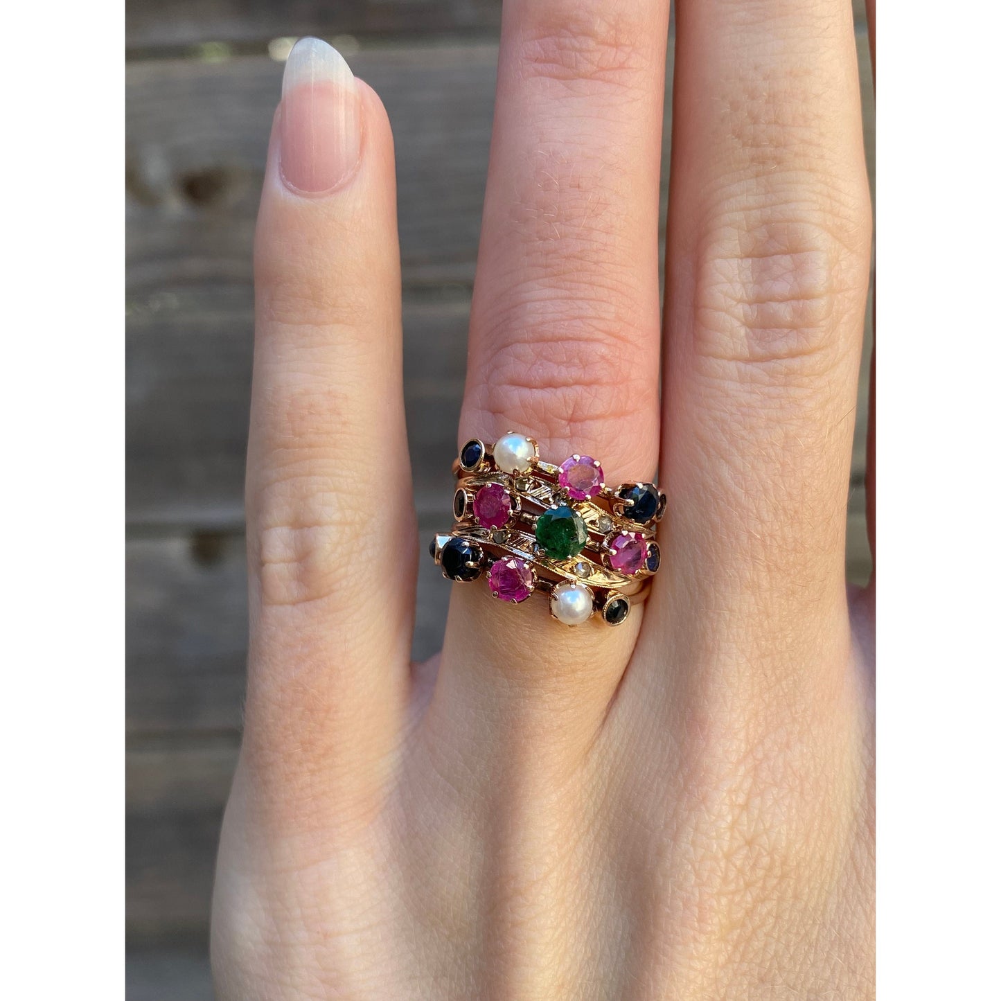 Solid 14k Rosey Gold Emerald Diamond Sapphire Ruby Blue Spinel Multiple Bands Ring - Size 3.5
