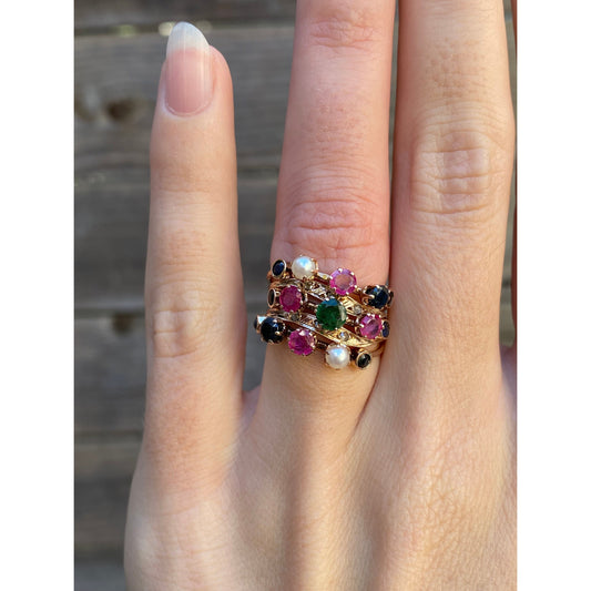 Solid 14k Rosey Gold Emerald Diamond Sapphire Ruby Blue Spinel Multiple Bands Ring - Size 3.5