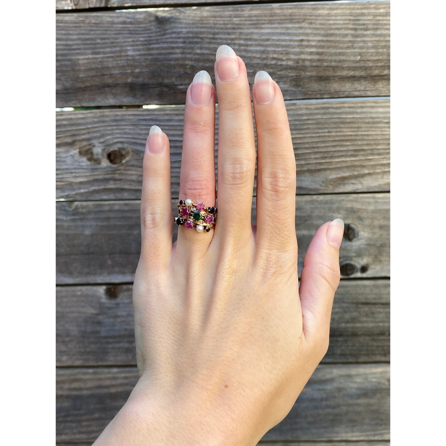 Solid 14k Rosey Gold Emerald Diamond Sapphire Ruby Blue Spinel Multiple Bands Ring - Size 3.5