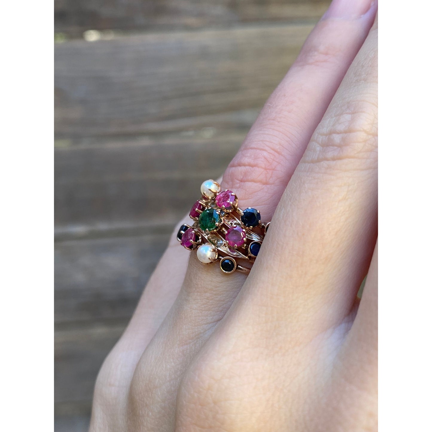 Solid 14k Rosey Gold Emerald Diamond Sapphire Ruby Blue Spinel Multiple Bands Ring - Size 3.5