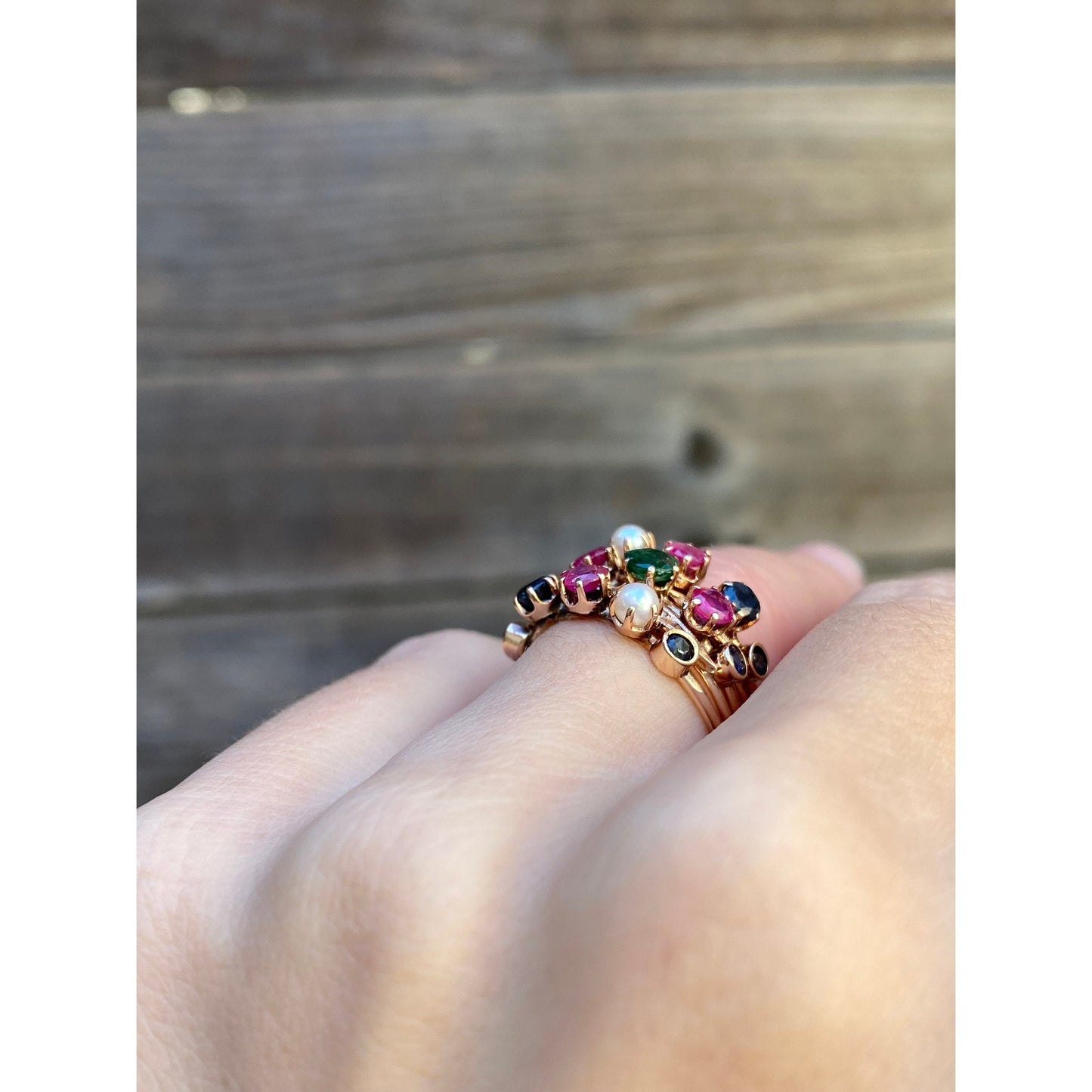 Solid 14k Rosey Gold Emerald Diamond Sapphire Ruby Blue Spinel Multiple Bands Ring - Size 3.5