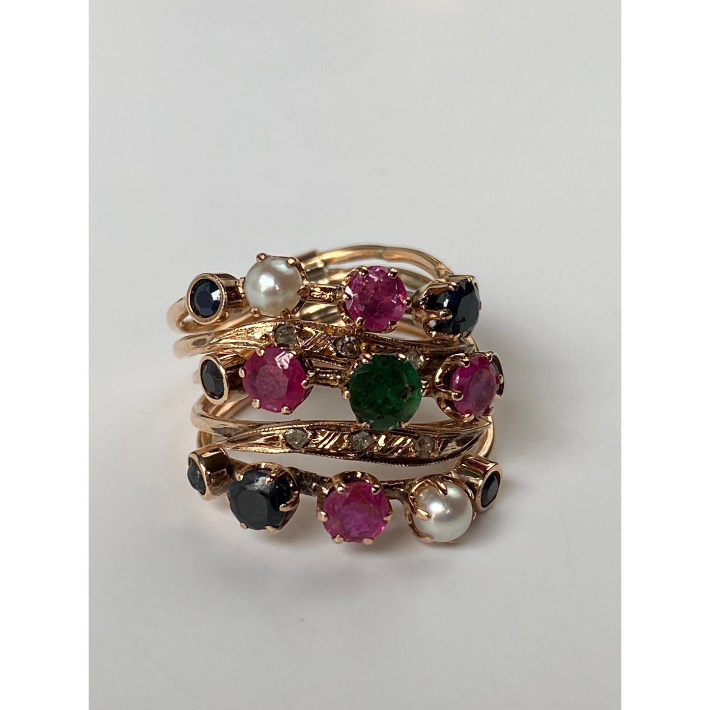 Solid 14k Rosey Gold Emerald Diamond Sapphire Ruby Blue Spinel Multiple Bands Ring - Size 3.5