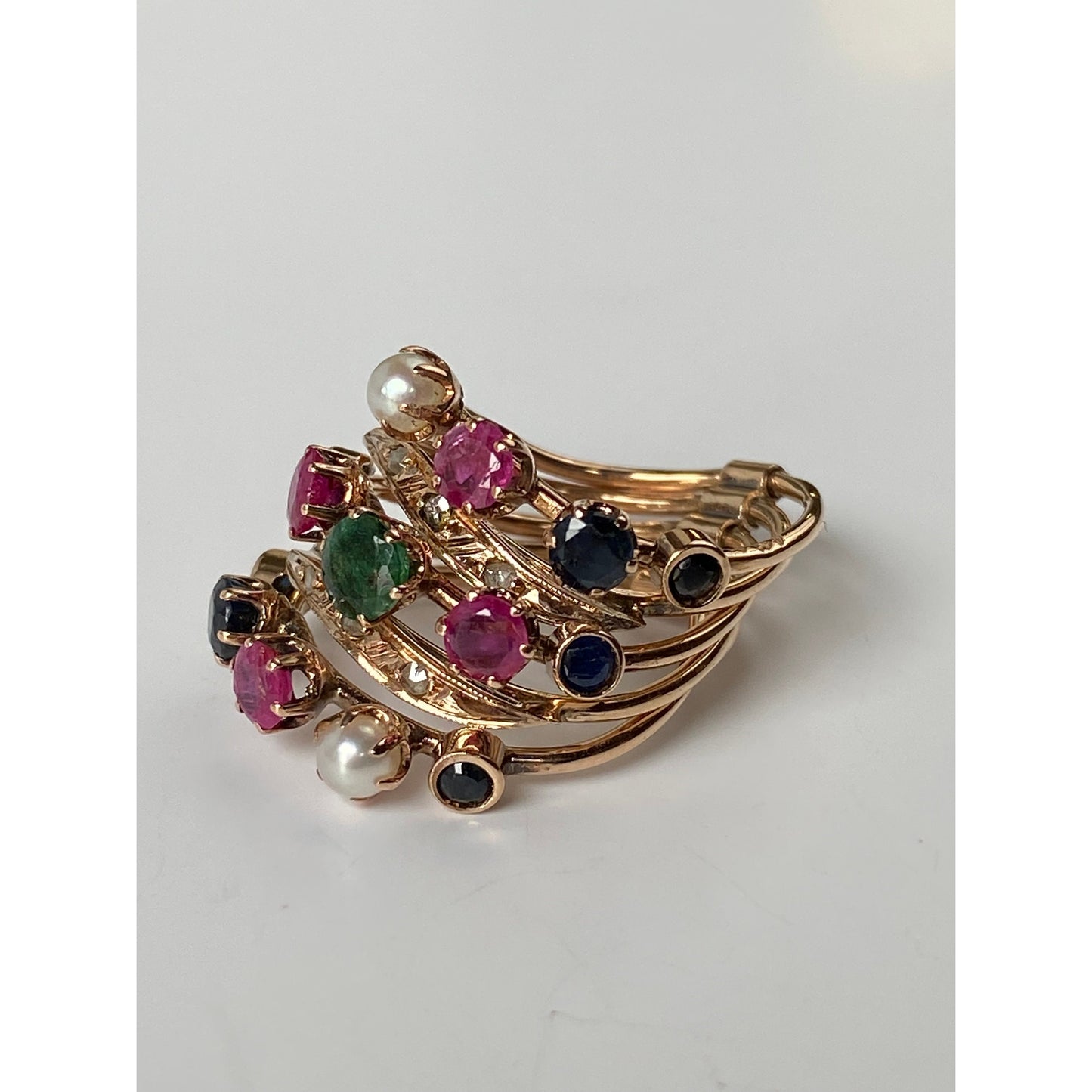 Solid 14k Rosey Gold Emerald Diamond Sapphire Ruby Blue Spinel Multiple Bands Ring - Size 3.5