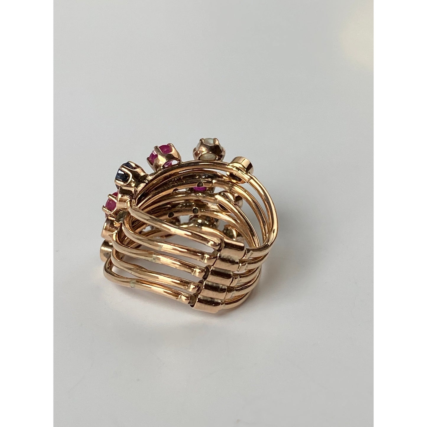 Solid 14k Rosey Gold Emerald Diamond Sapphire Ruby Blue Spinel Multiple Bands Ring - Size 3.5