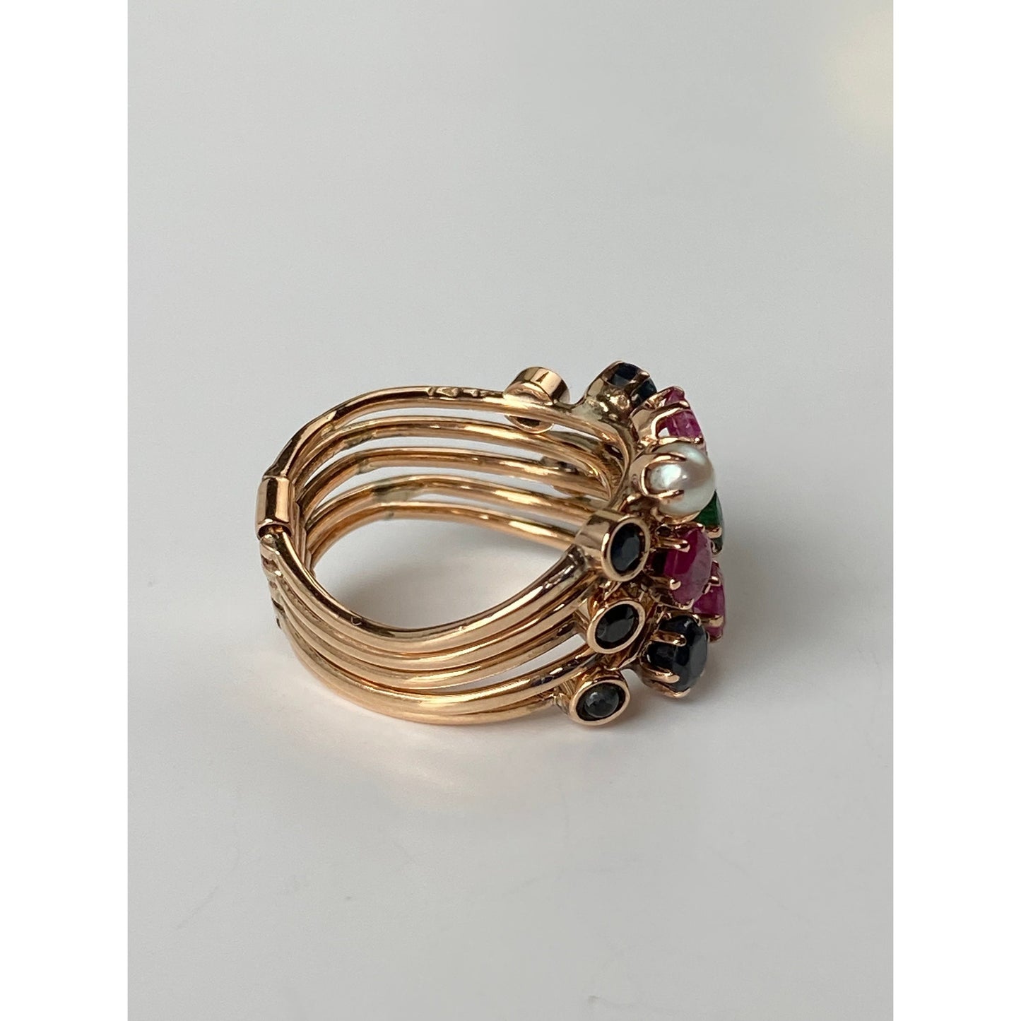Solid 14k Rosey Gold Emerald Diamond Sapphire Ruby Blue Spinel Multiple Bands Ring - Size 3.5