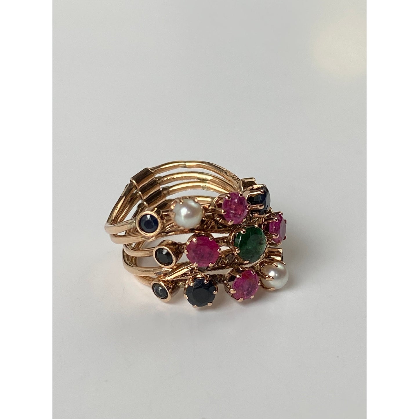 Solid 14k Rosey Gold Emerald Diamond Sapphire Ruby Blue Spinel Multiple Bands Ring - Size 3.5