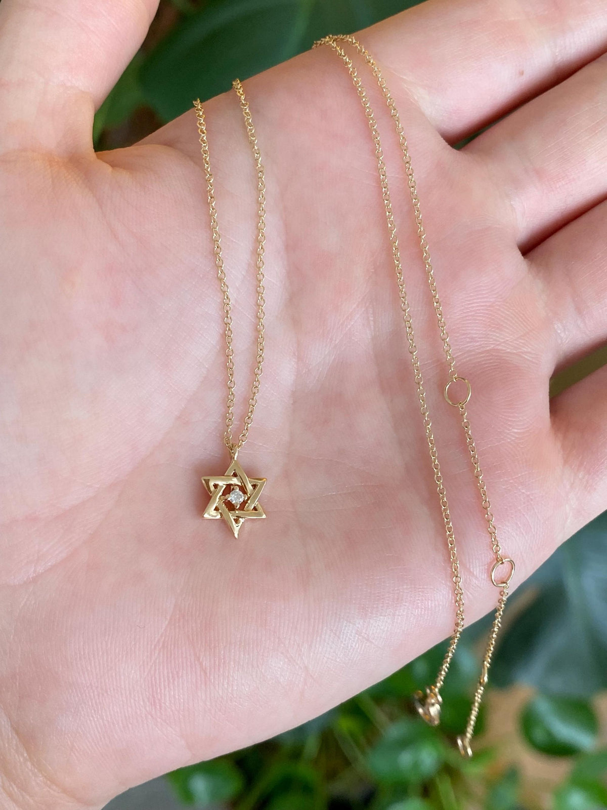 Vintage Solid 14k Yellow Gold Diamond Star of David Rolo Chain Necklace - 18 inches