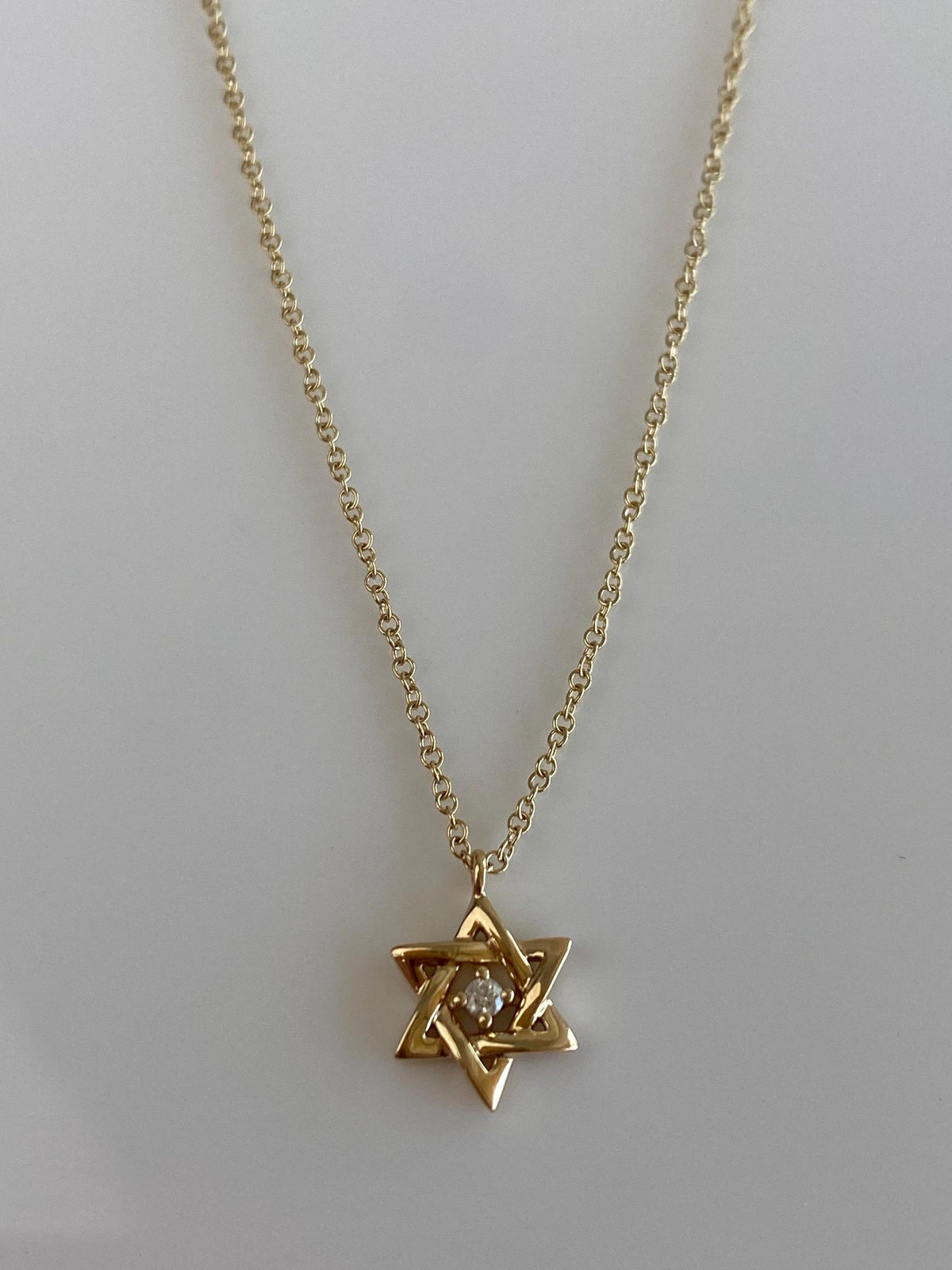 Vintage Solid 14k Yellow Gold Diamond Star of David Rolo Chain Necklace - 18 inches