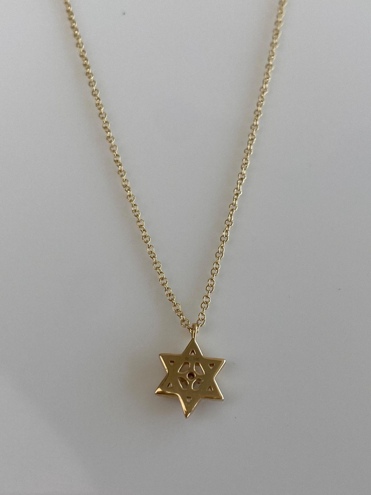 Vintage Solid 14k Yellow Gold Diamond Star of David Rolo Chain Necklace - 18 inches