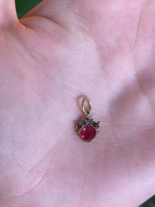 Vintage Solid 14k Yellow Gold Clear Sapphire Red Cubic Zirconia Stick Pin Conversion Charm