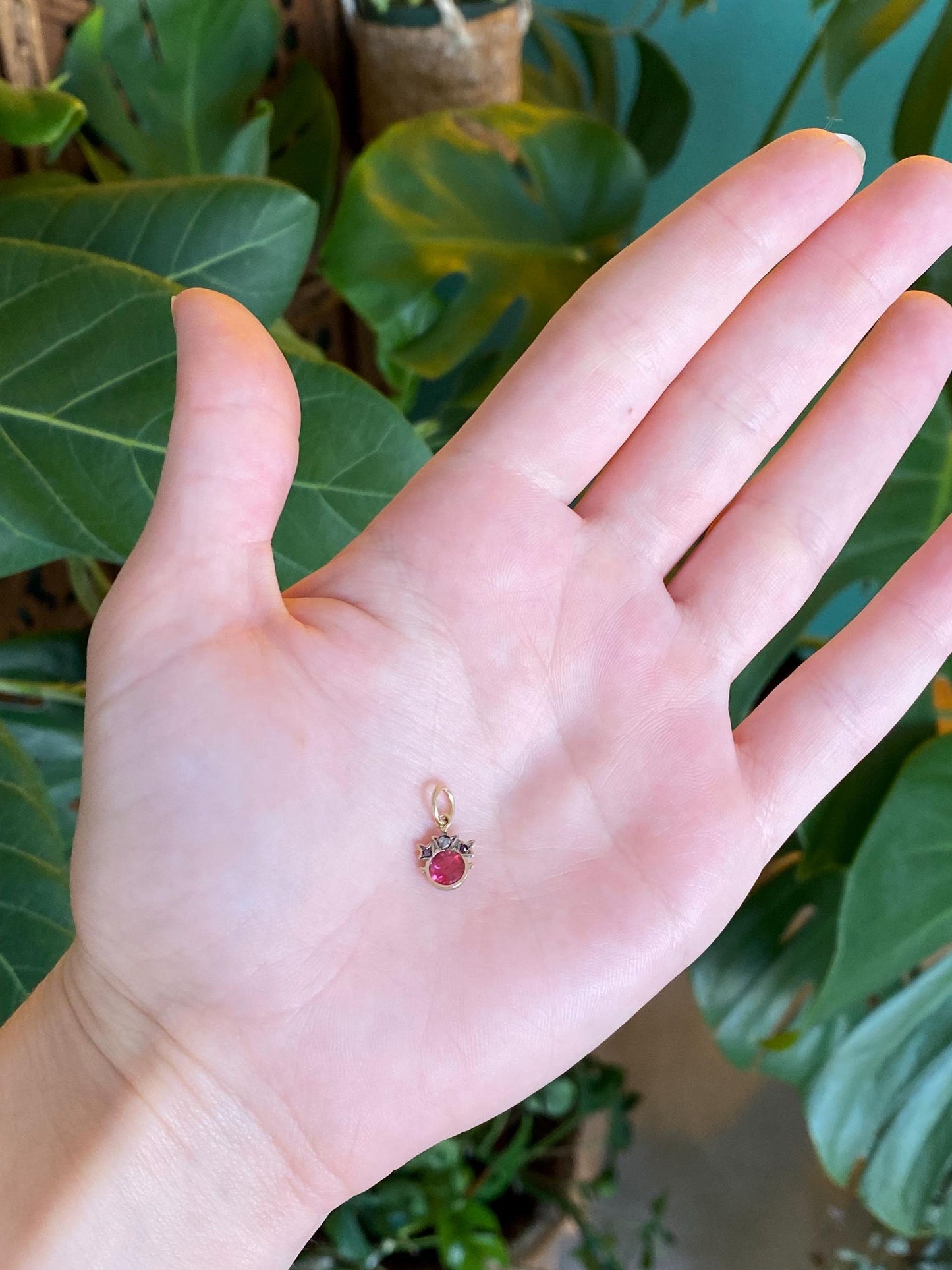 Vintage Solid 14k Yellow Gold Clear Sapphire Red Cubic Zirconia Stick Pin Conversion Charm