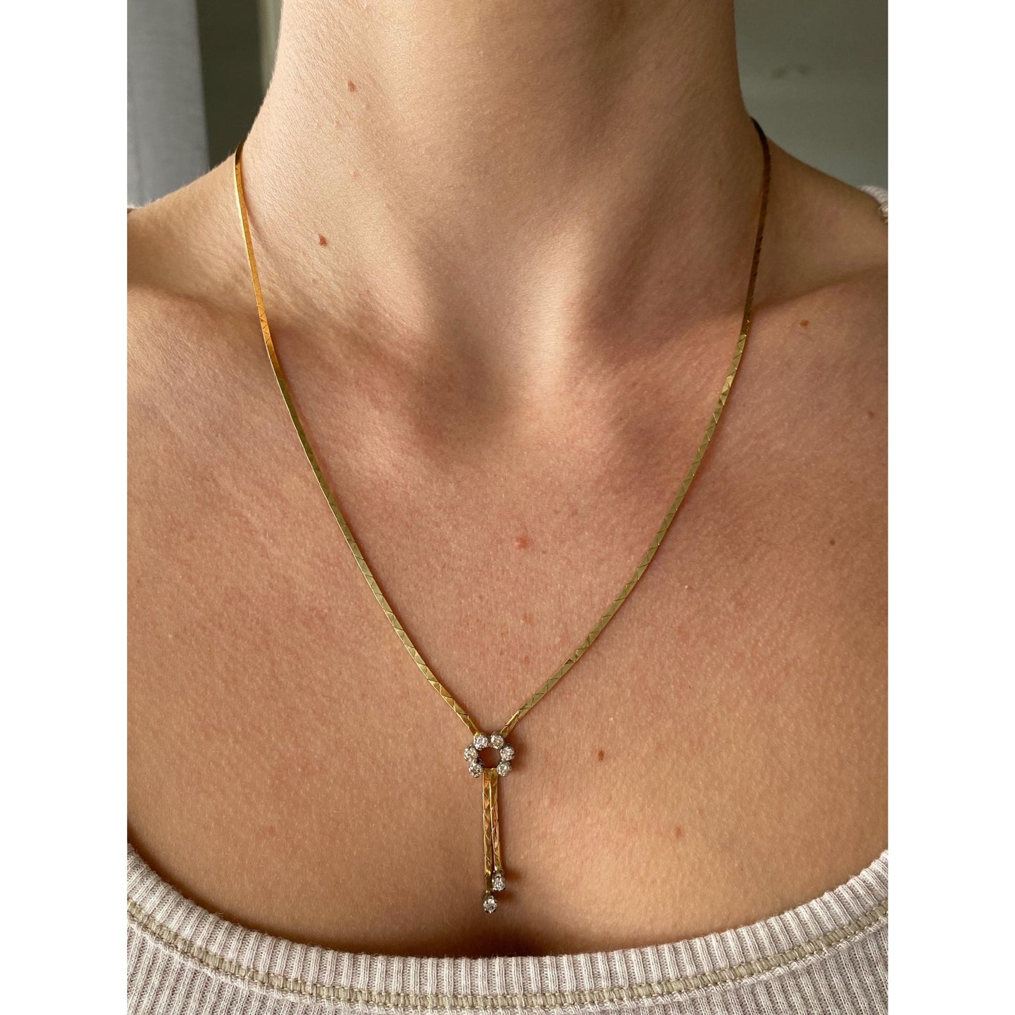 Vintage Solid 14k Yellow Gold Diamond Horseshoe Triangle Link Chain Necklace - 19.75 inches