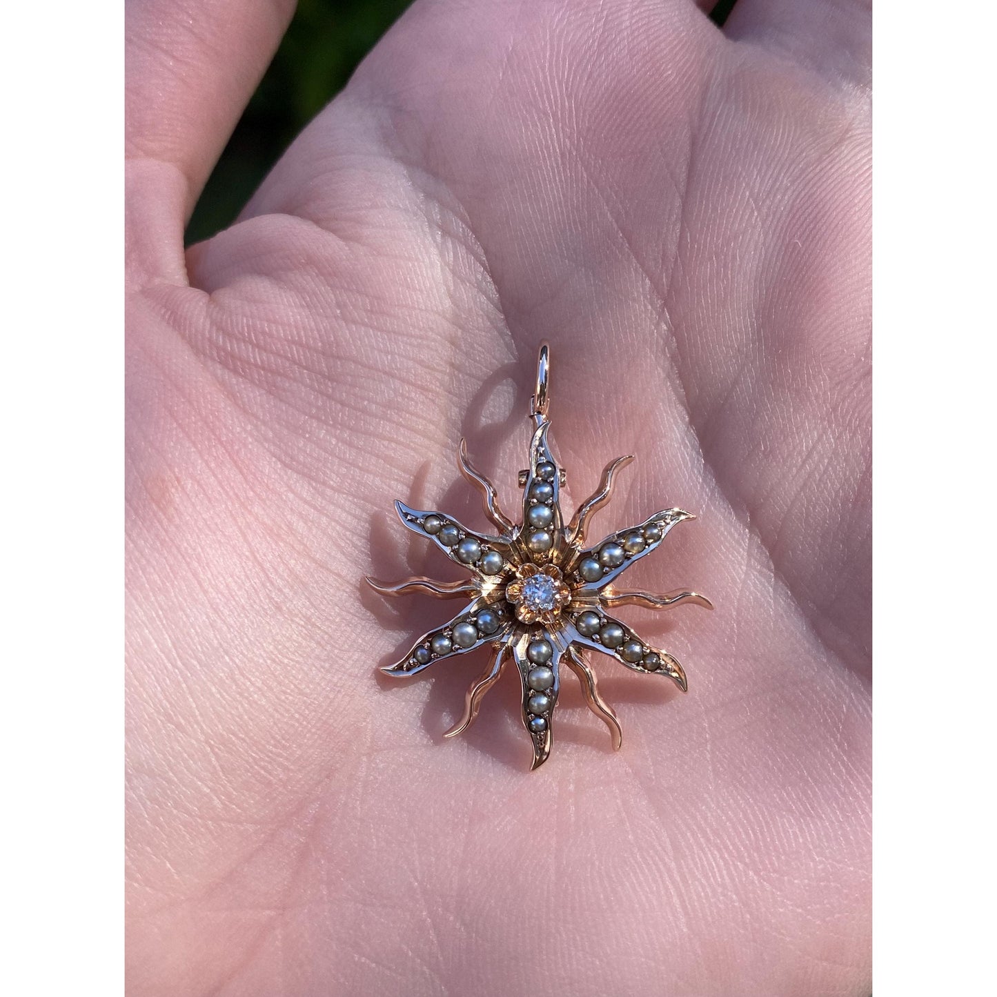 Vintage Solid 10k Rosey Gold Diamond Seed Pearl Wavy Sun Charm