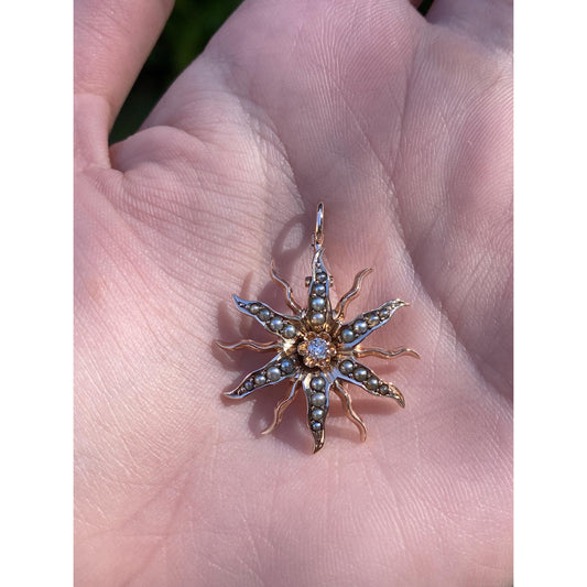 Vintage Solid 10k Rosey Gold Diamond Seed Pearl Wavy Sun Charm