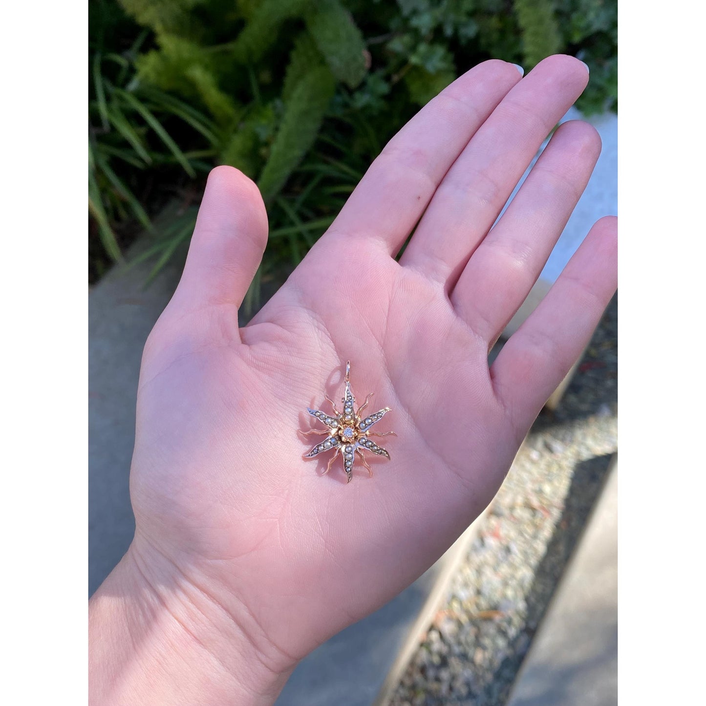 Vintage Solid 10k Rosey Gold Diamond Seed Pearl Wavy Sun Charm