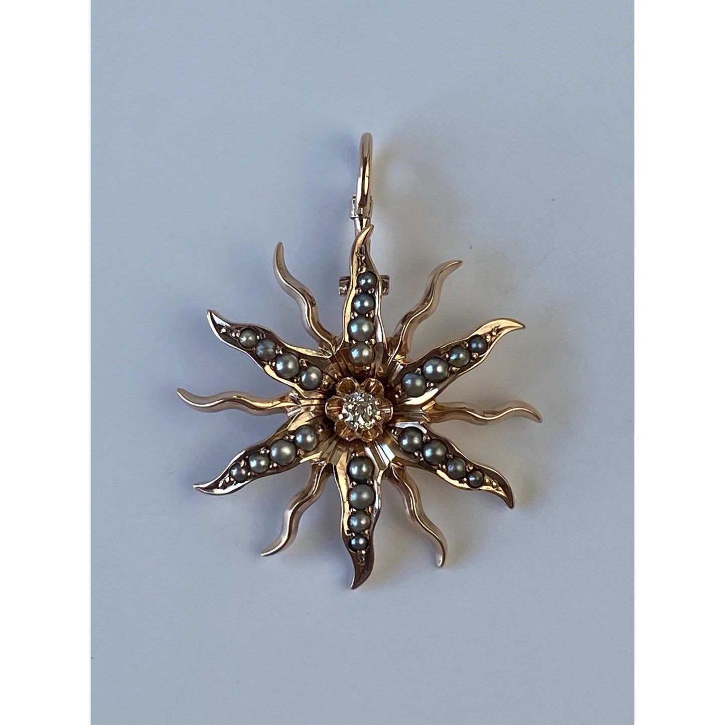 Vintage Solid 10k Rosey Gold Diamond Seed Pearl Wavy Sun Charm