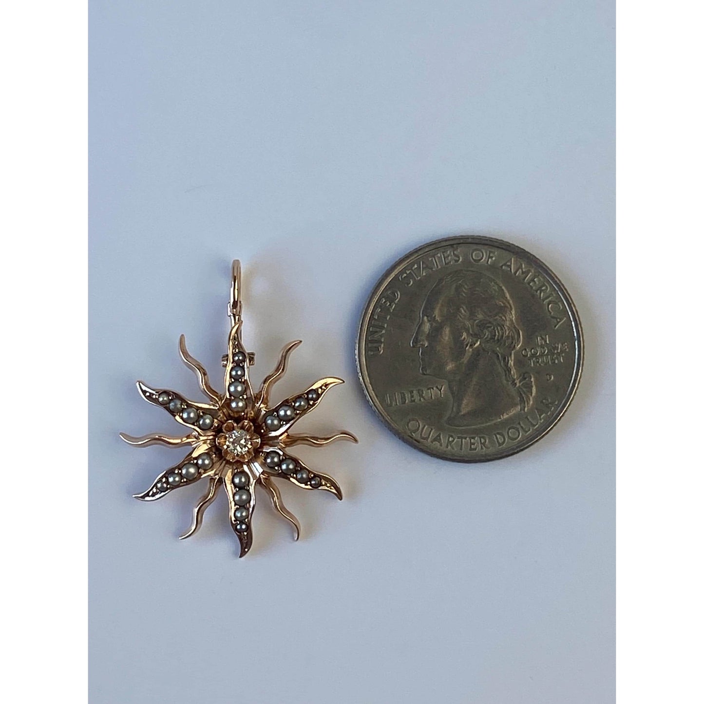 Vintage Solid 10k Rosey Gold Diamond Seed Pearl Wavy Sun Charm