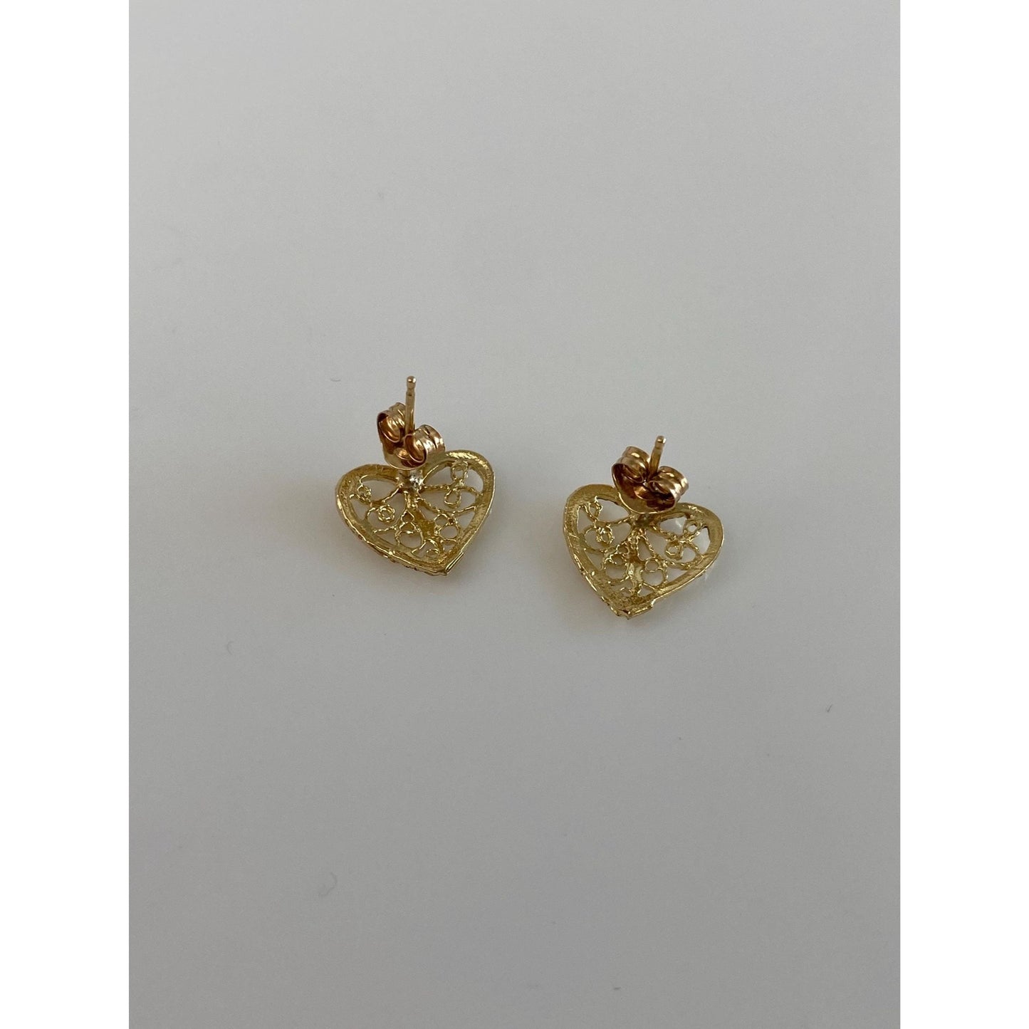 Solid 14k Yellow Gold Filigree Heart Stud Earrings